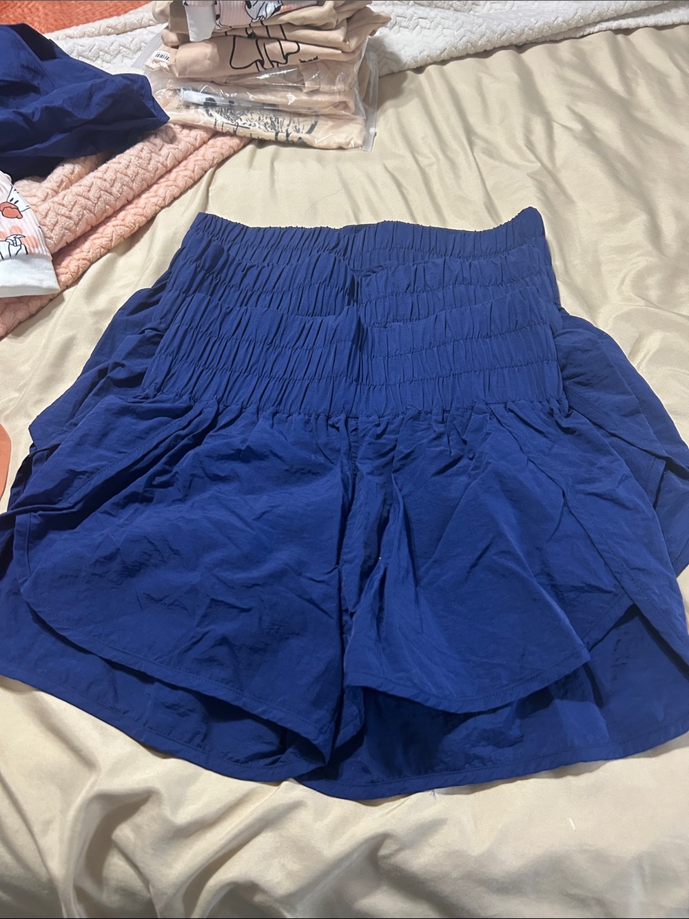 Zenana Outfitters Smocked High-Waist Blue Flow Shorts